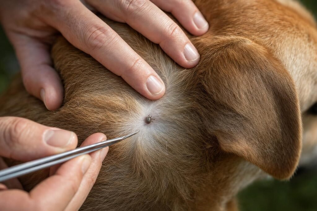 cane in un prato dove possono esserci zecche