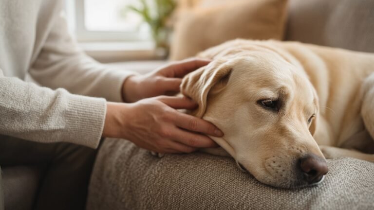 proprietario che controlla con delicatezza il suo cane