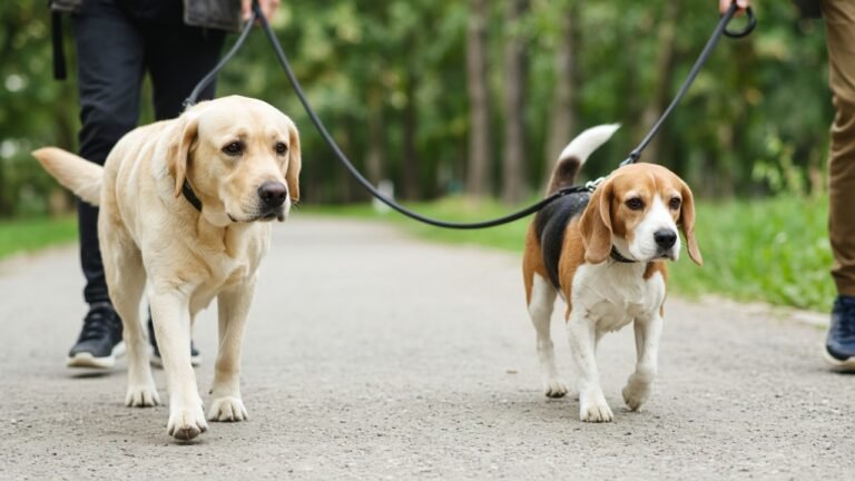 due cani che si incontrano al guinzaglio in un parco