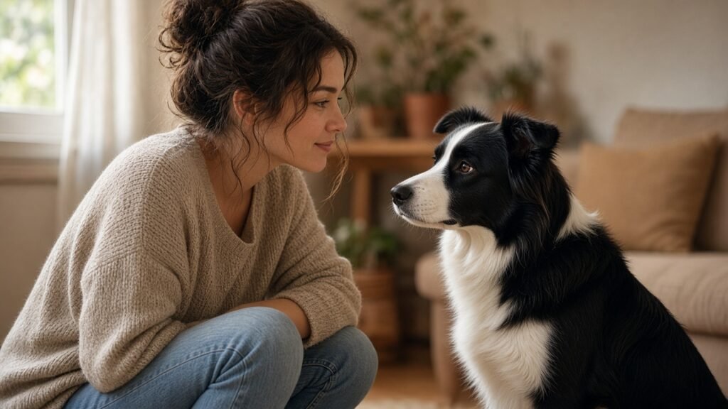 persona e cane che si guardano con calma